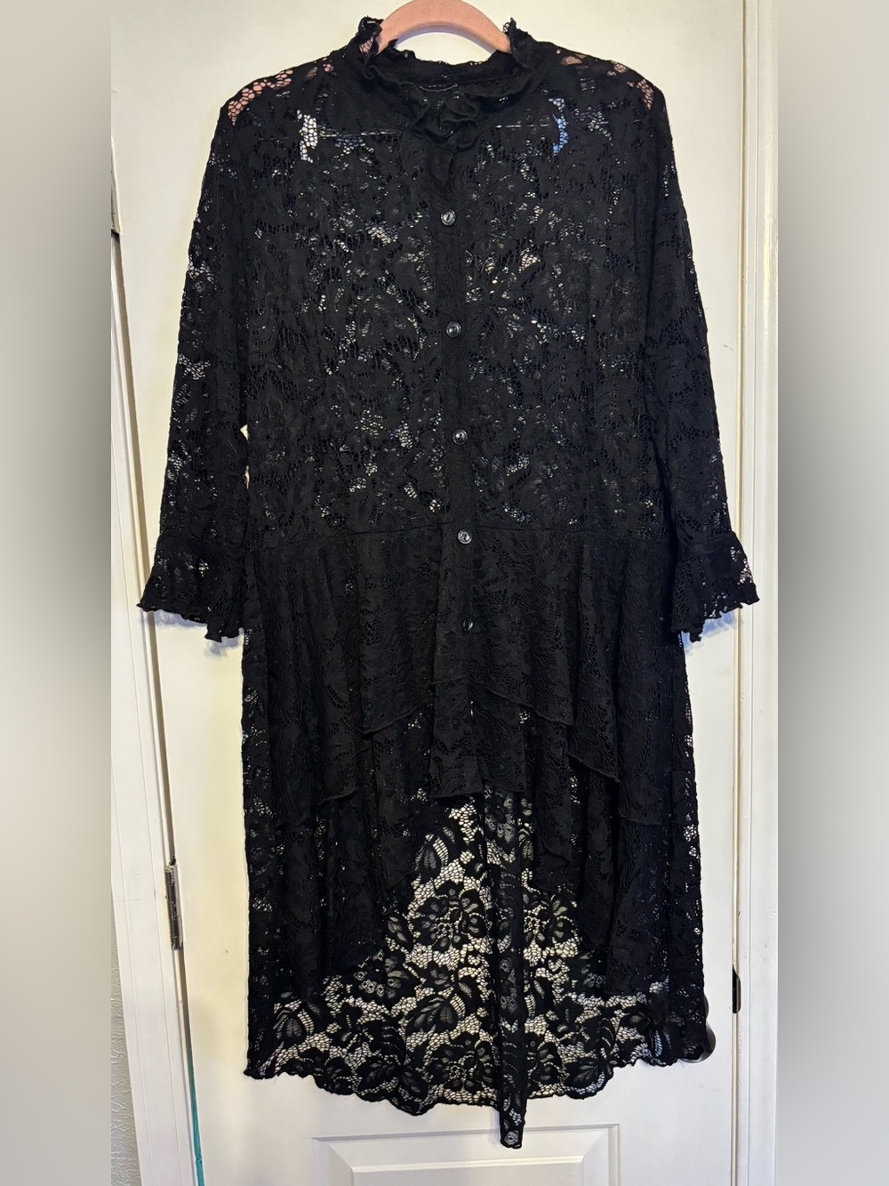 Black Lace High-Low Button Front Women's Top